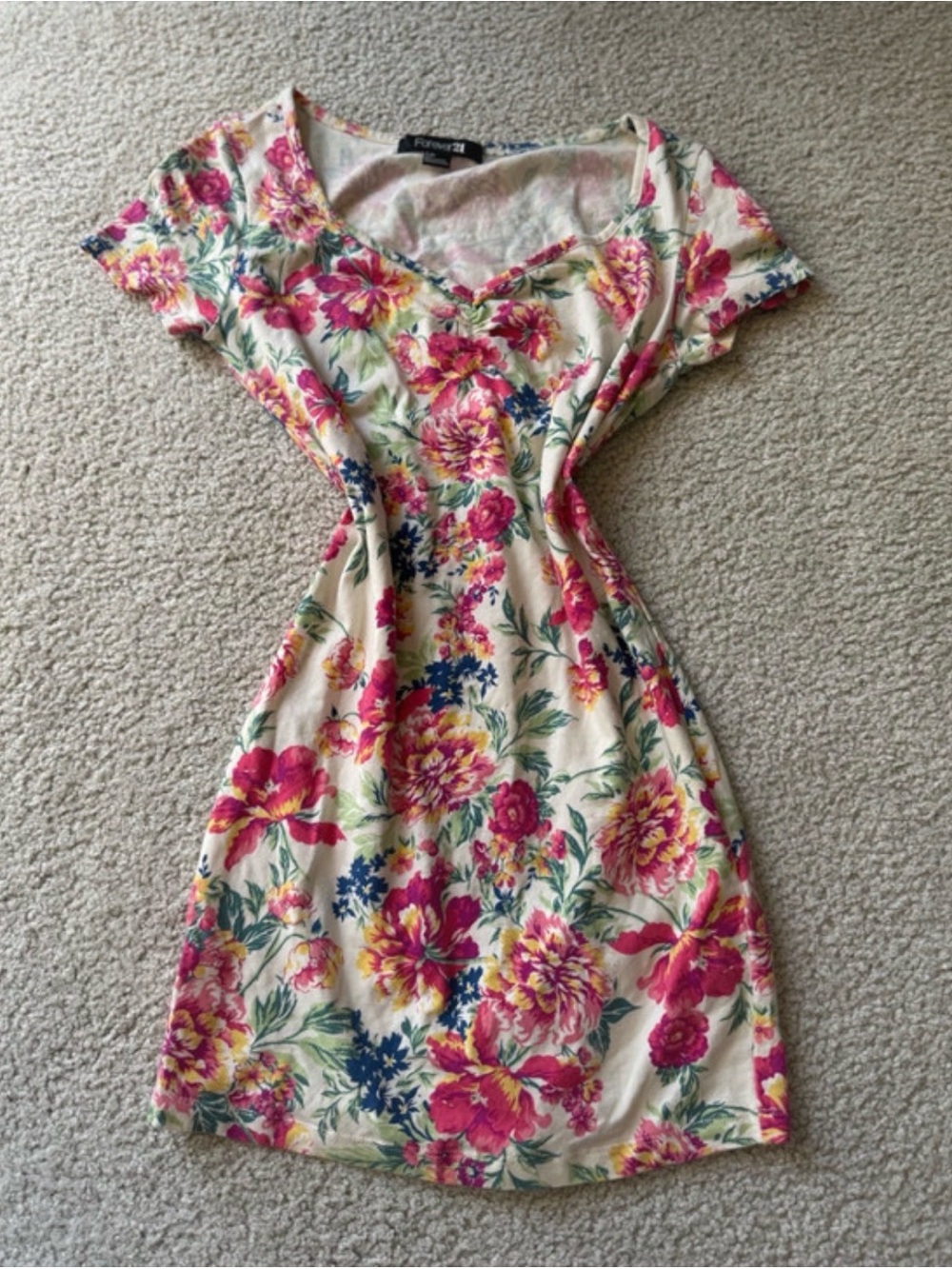 Forever 21 Cream Midi Dress with Pink & Yellow Floral Print 2000s y2k sexy
